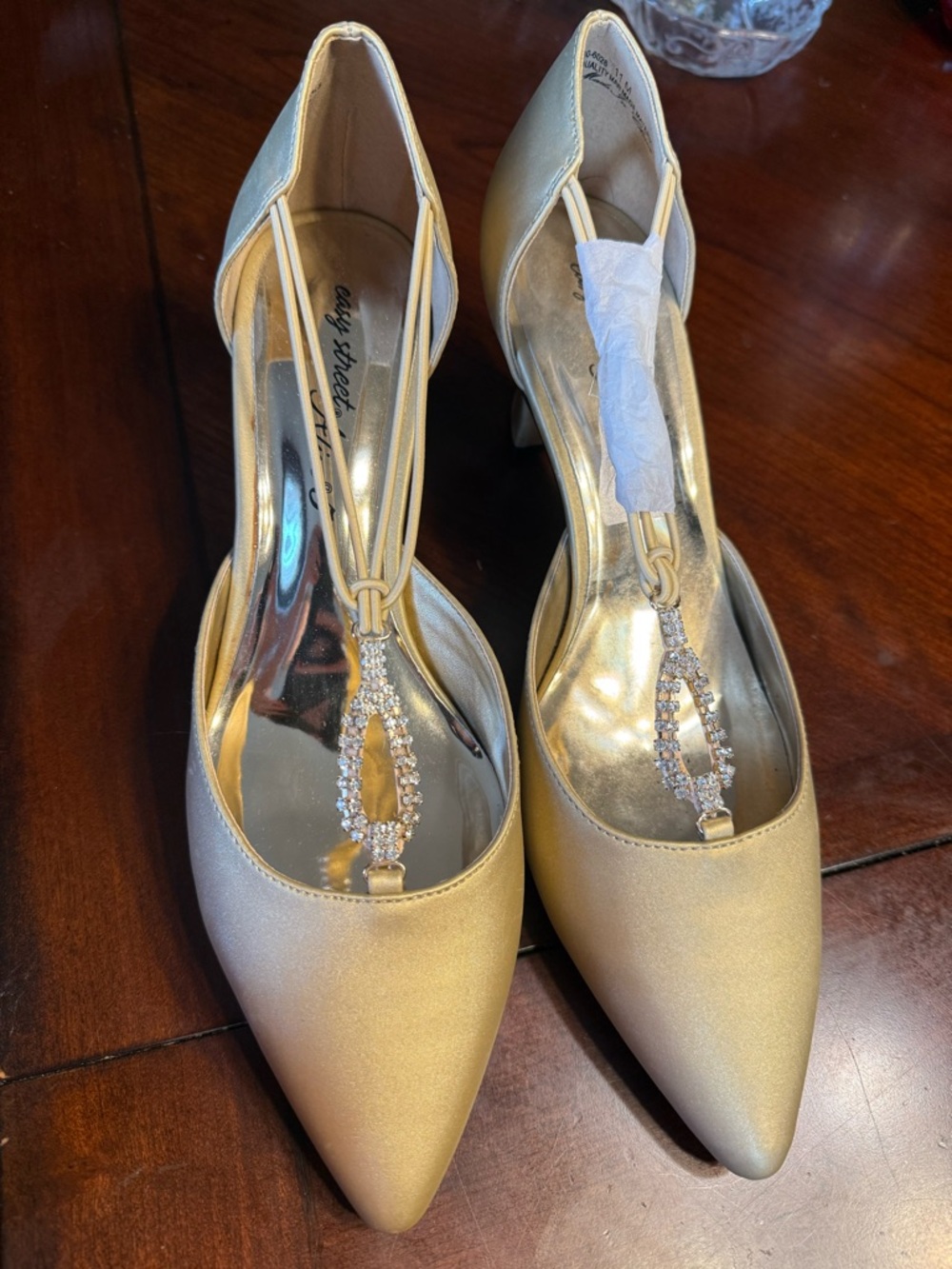 easy street Gold T-Strap Pointed Toe Heels with Rhinestone Accent